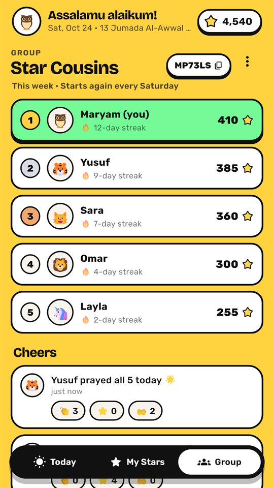Group screen: Star Cousins weekly leaderboard and cheers