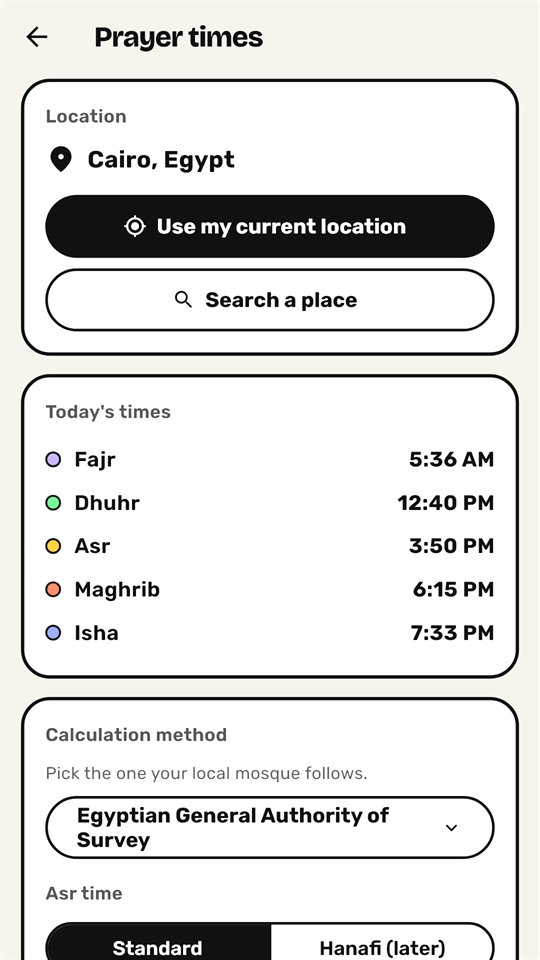 Prayer times settings for Cairo, Egypt with today's five times