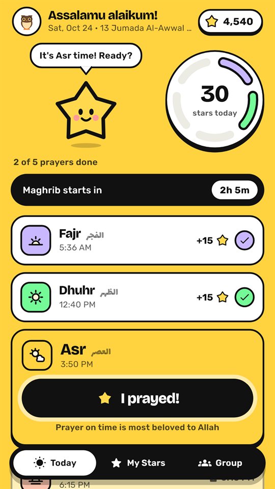 Najma's Today screen: five prayer cards, 30 stars today and an “I prayed!” button for Asr